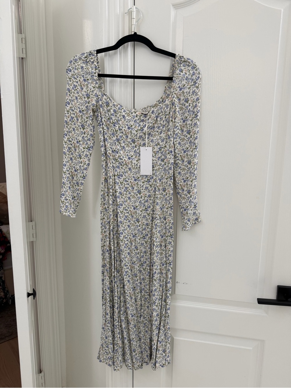 Reformation Cream Dress with Blue Floral Print, Long Sleeve